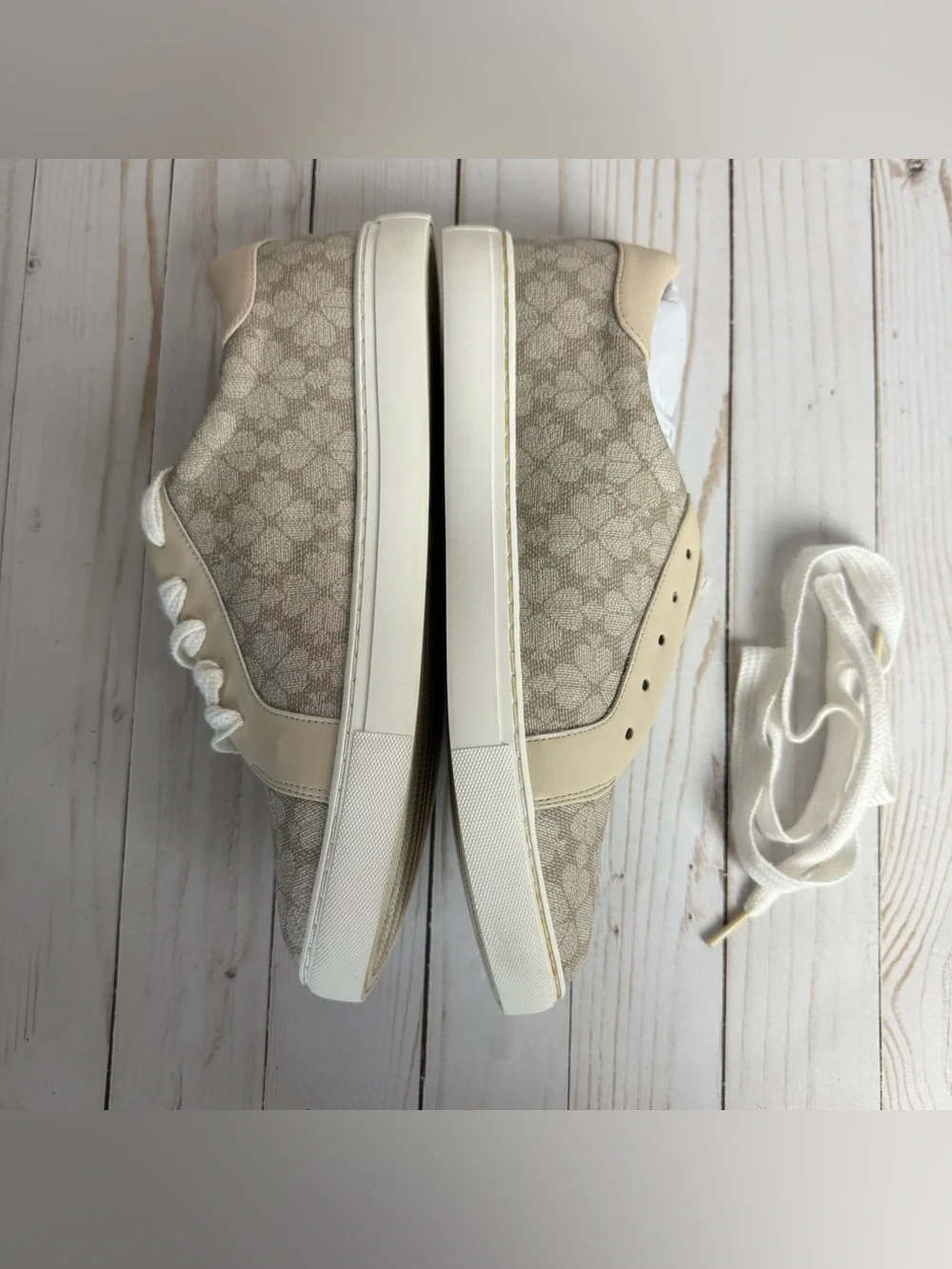 Kate Spade Taupe Erin Spade Flower Logo Sneakers Lace Up Vegan Leather